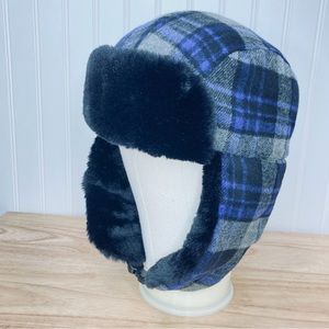 Chaos Trapper Style Hat Wool Blend Blue Black Plaid Ear Flap Black Faux Fur